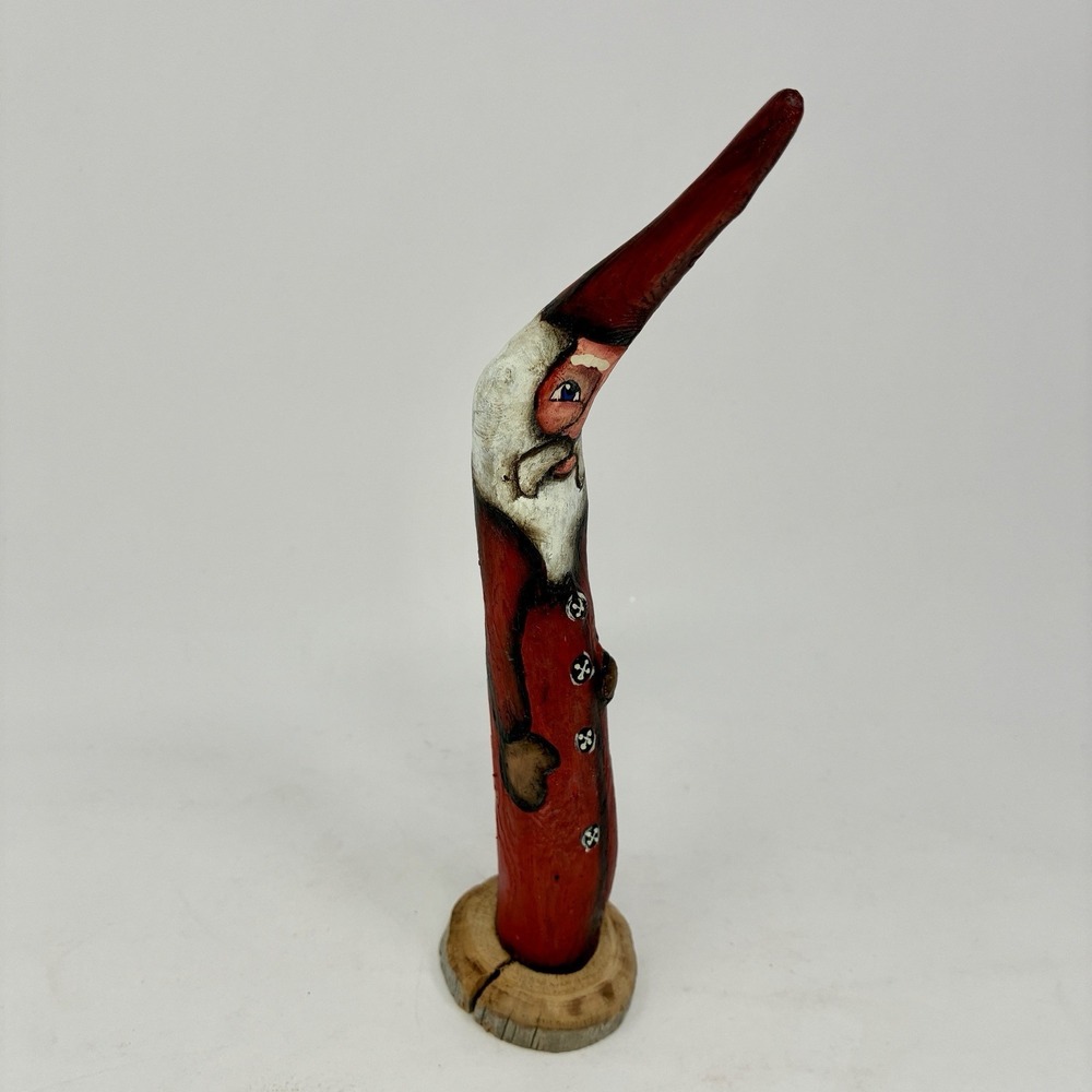 VTG  Hand Carved Wood Santa Claus Figurine Signed 8.5" Tall Tree Branch Skinny